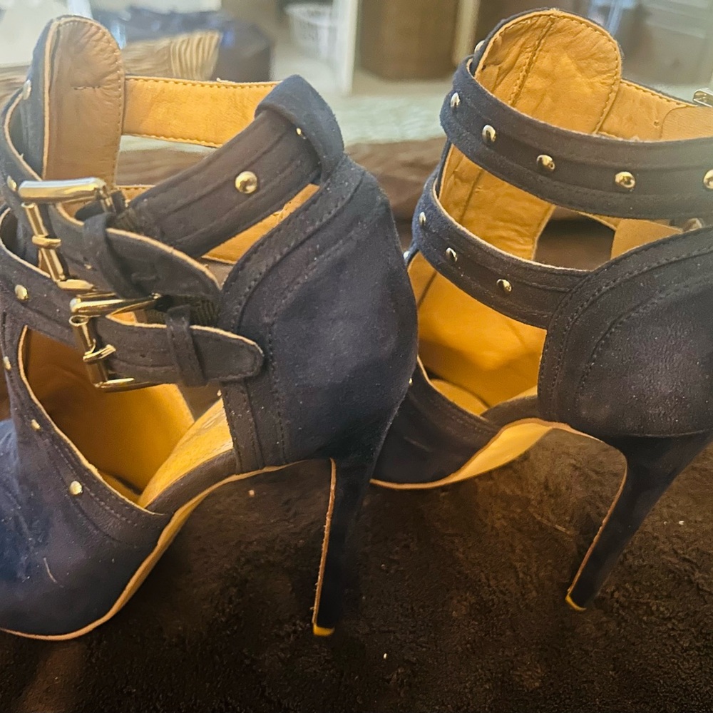 XYD Navy Peep-Toe High Heels with Buckle Detail - Picture 7 of 8